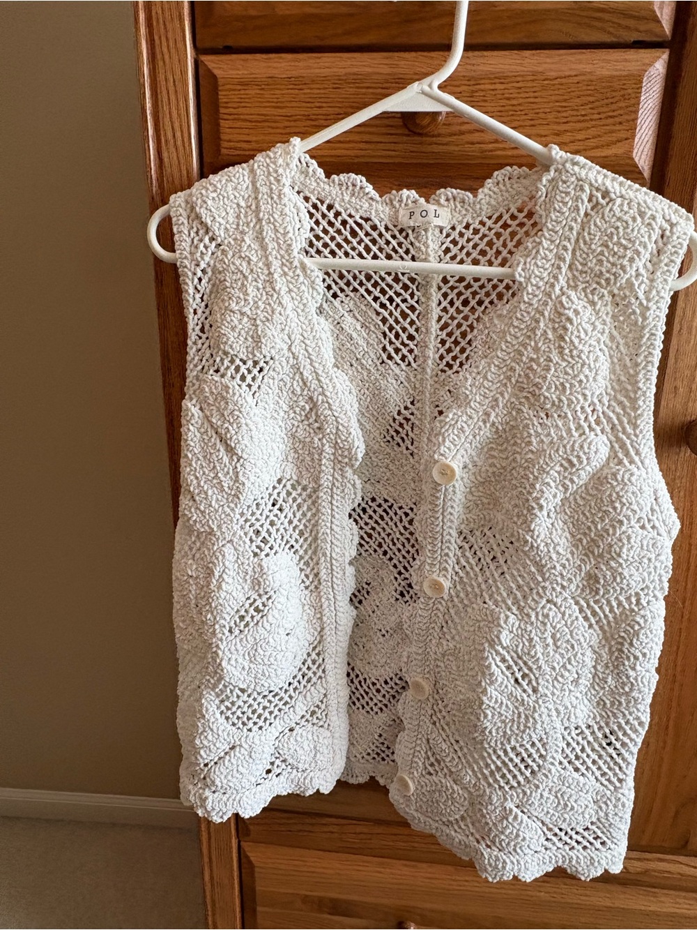 POL White Crochet Knit Button-Front Vest